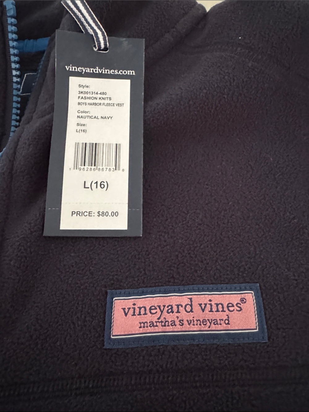 Vineyard Vines Kids Large (16) Navy Fleece Vest with Bright Blue Trim NWT - Picture 2 of 5